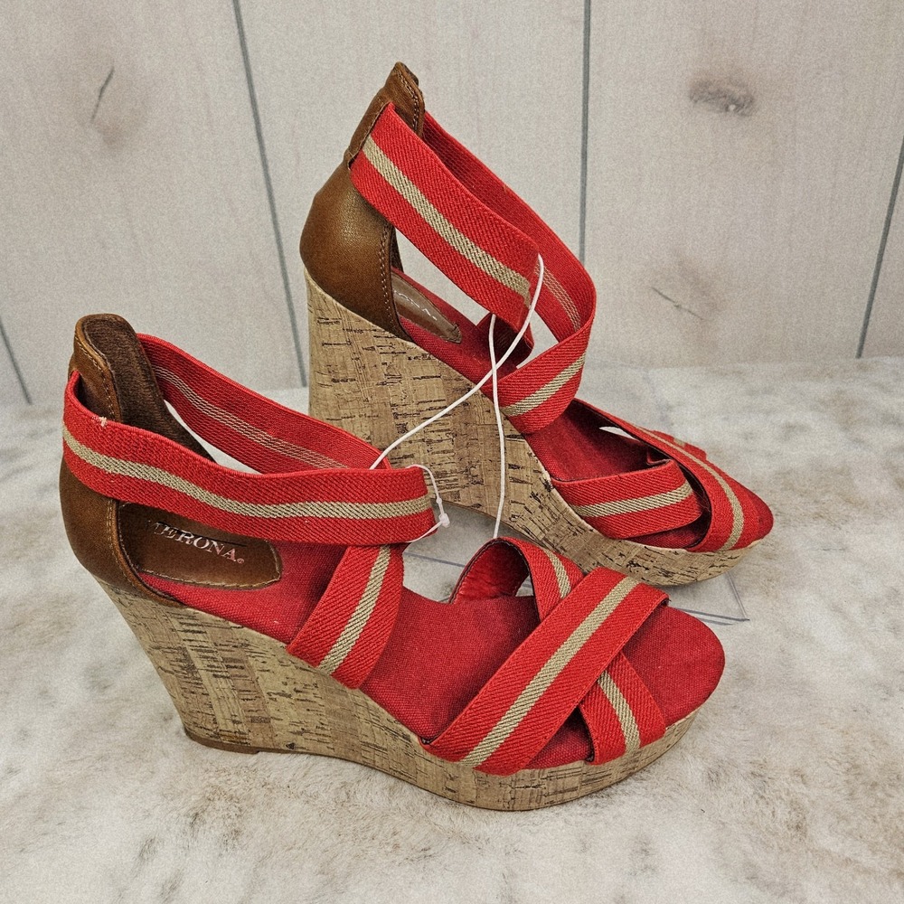 Merona Womens Red Stretch Double Cross‎ Strap Faux Cork Wedge Sandals Heels Sz 8